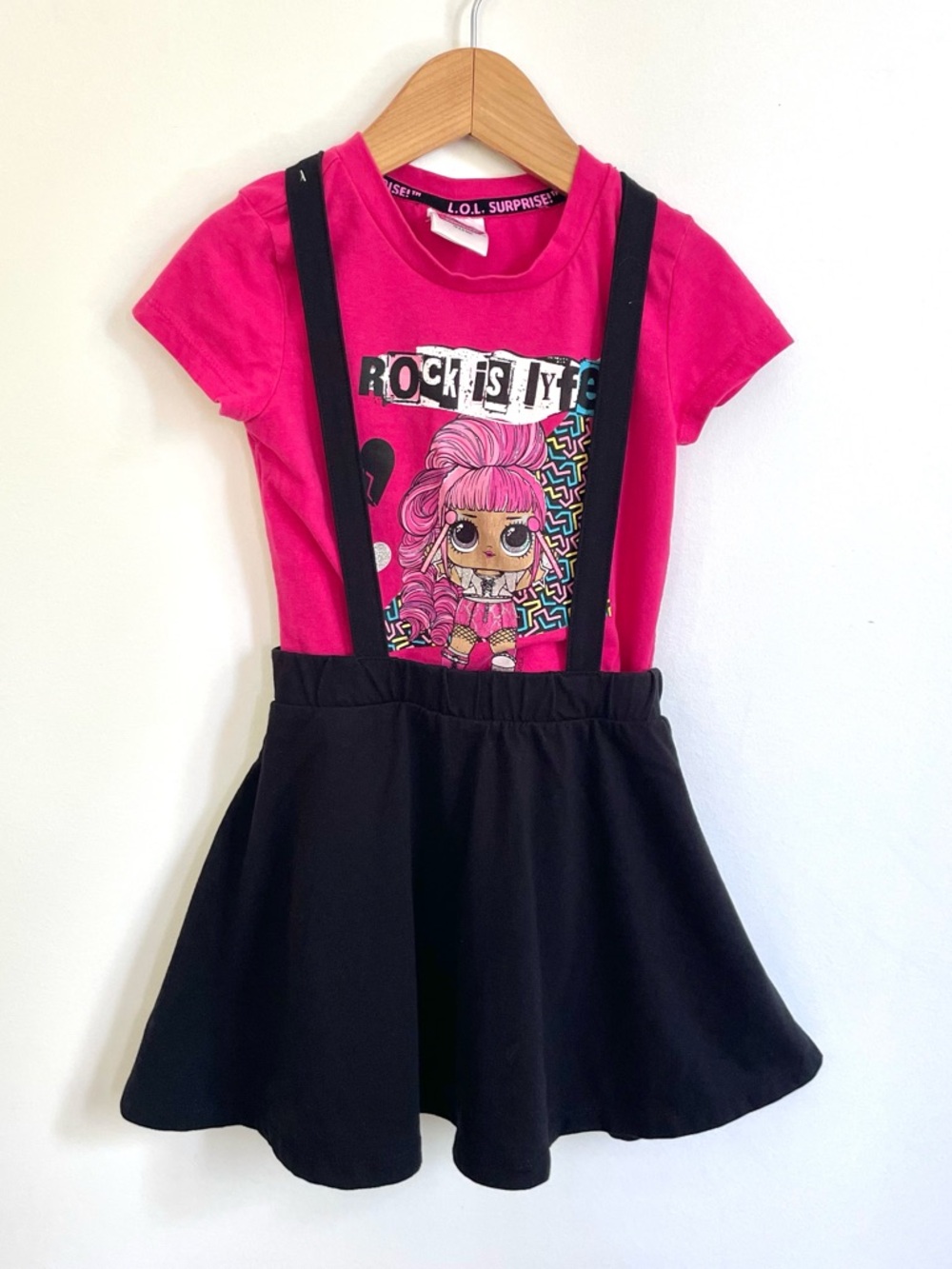 LOL Surprise Rock is Lyfe Suspenders Jumper Dress Set, Pink & Black, Skirt & Tee